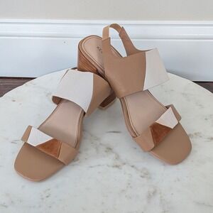 Kelsi Dagger Brooklyn Women Tan White Color block Block Heel Sandals Sz 7 C355YY